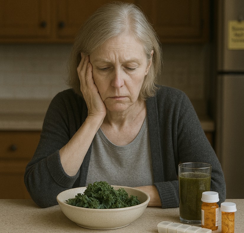 Middle-aged woman sitting in her kitchen looking down at an unappetizing kale salad with fatigue and frustration — symbolizing the failure of restrictive diets before working with a health coach.