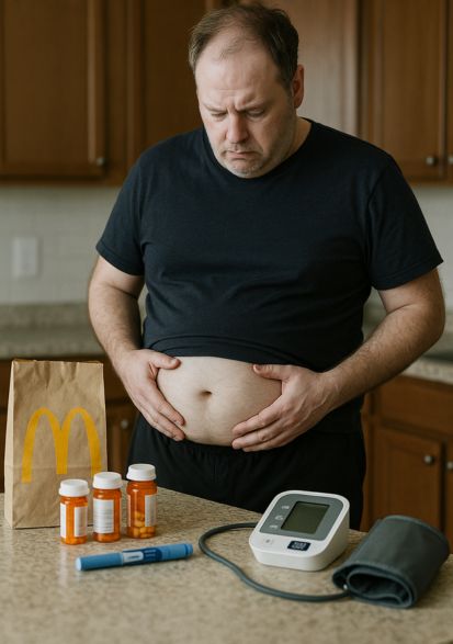 Overweight middle-aged man standing in his kitchen, looking down at his exposed belly with frustration, surrounded by prescription pills, a blood pressure monitor with cuff, an Ozempic pen, and McDonald’s takeout — symbolizing the health struggles faced before working with a personal trainer and health coach.